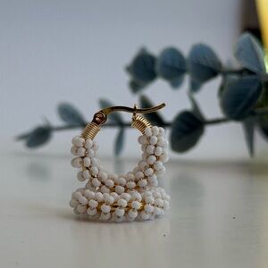 Elegant Gold and White Beaded Hoop Earrings